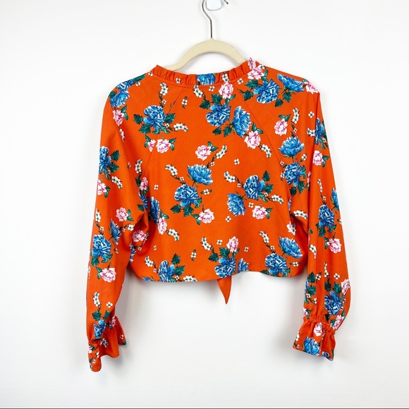 Topshop Orange and Floral Tie-front Cropped Blouse Size 8 - Picture 5 of 7